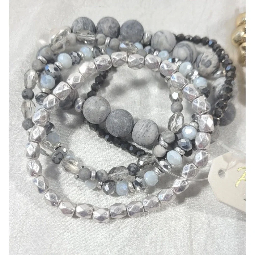 2 Sets of Pomina Stretch Beaded Bracelets - 5 Gray Semi Precious & 4 Gold - NWT